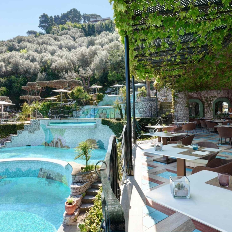 View of the Bar LAgrumeto and the  cascading pools