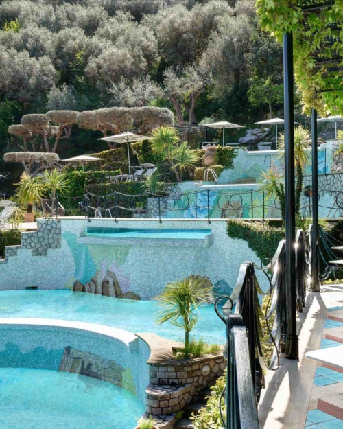 View from the Bar LAgrumeto on the  cascading pools and the garden