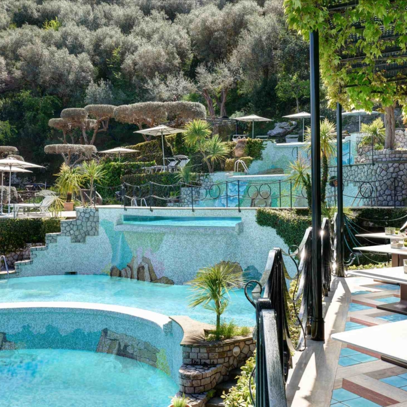 View from the Bar LAgrumeto on the  cascading pools and the garden